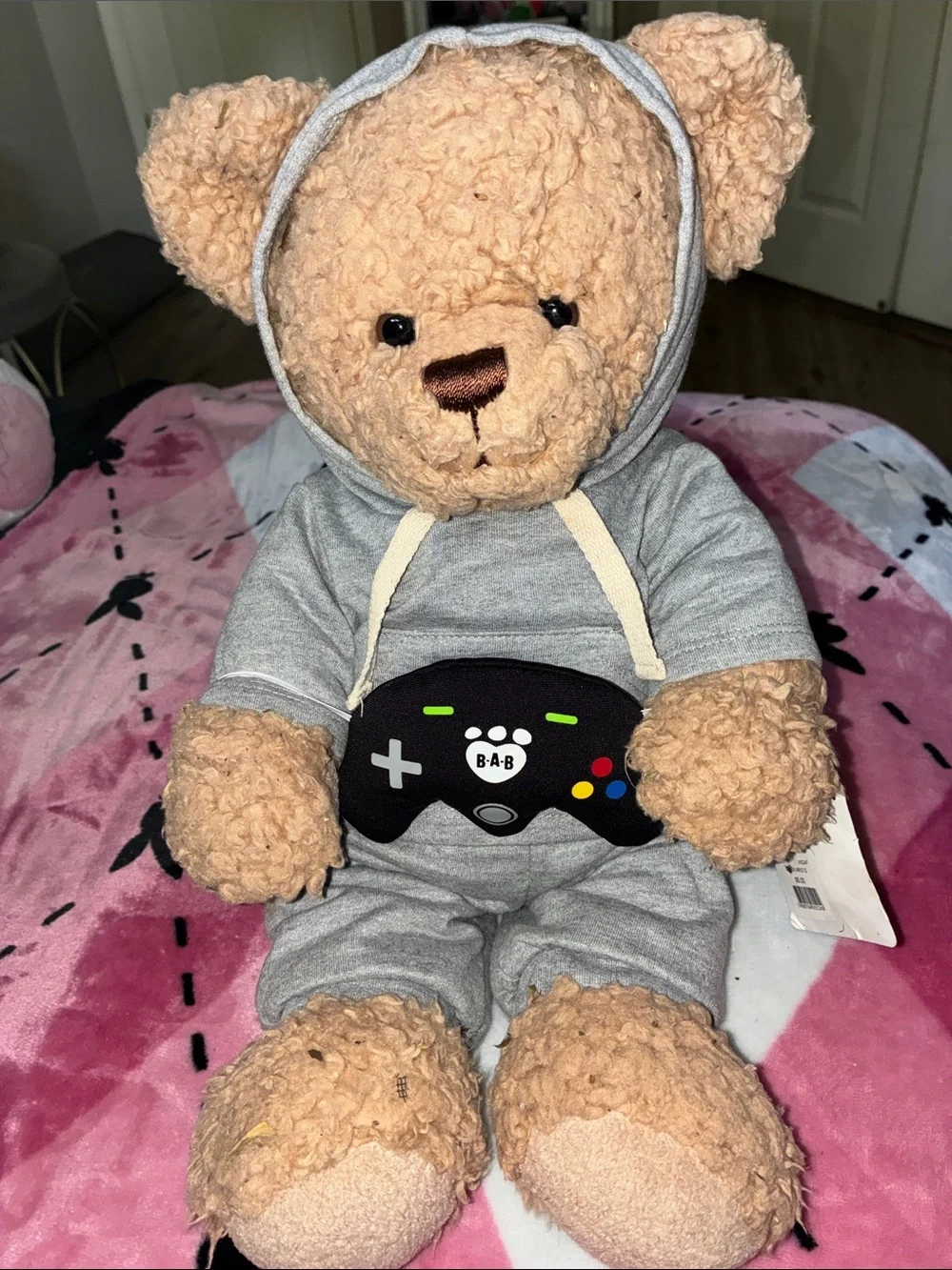 Build-A-Bear Beige Teddy in Gray Hoodie with Game Controller Patch